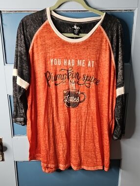 Sable Sky Pumpkin Spice Lattes Raglan Tee - Orange & Black 1X